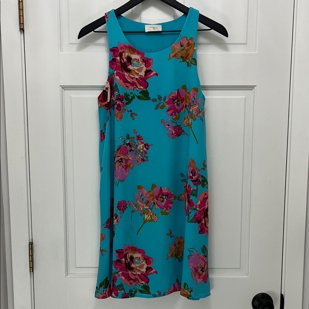 Everly Turquoise Blue and Pink Floral Sheath Sleeveless Mini Dress - Size Small